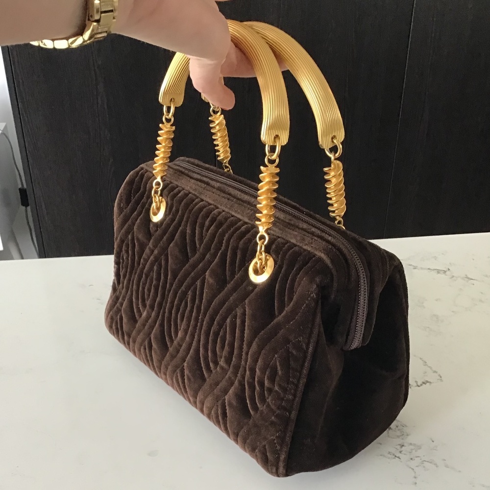 FENDI rare vintage handbag brown quilted velvet with gold handles - Picture 1 of 16